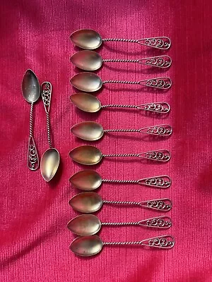 Vintage Sterling Silver Demitasse Spoons Open Work Gold Wash Bowls Set Of 12 • $48