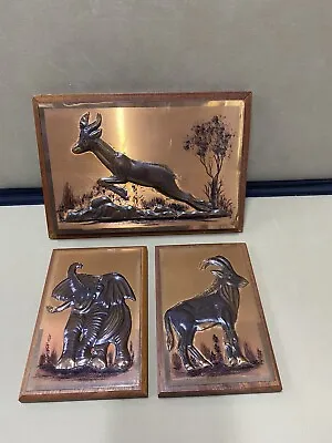 X3 Vintage Wall Pictures African 3D Copper Style Embossed Plaque Animals • £29.99