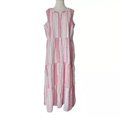 J. JILL Ibiza Sleeveless Tiered Striped Pink White Cotton Maxi Dress Size M • $49.95
