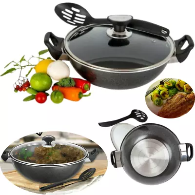 Aluminium Wok Stir Fry Karahi Non Stick Cooking Pot With Lid Deep Fryer Cookware • £23.29