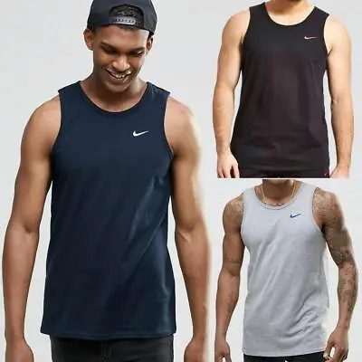 Nike Mens Vest Embroidered Grey Swoosh Athletic Gym Training Tank Summer Top • £15.99