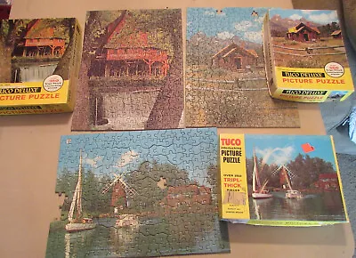 LOT OF 3 VINTAGE TUCO JIGSAW PUZZLES All With Missing Pieces MILL CHURCH BOATS • $20