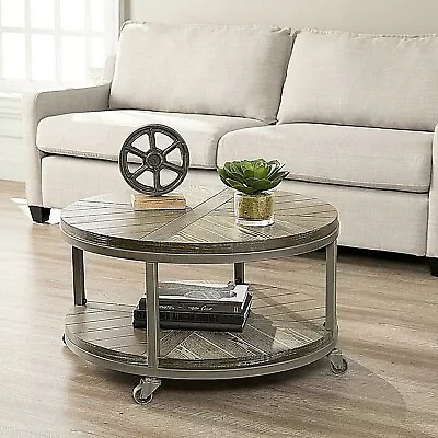 Rustic Industrial Round Coffee Table W/Shelf & Casters Wheels Distressed Brown • $283.60