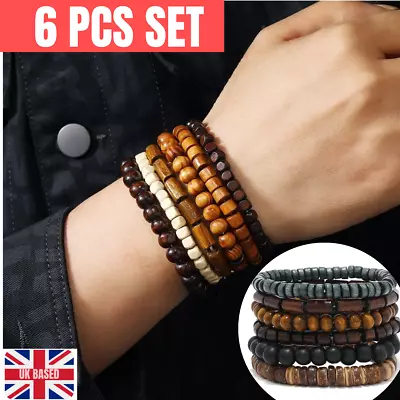 6 Pcs Set Men Multi Layer Vintage Wooden Wristband Hand Made Style Bracelet Gift • £5.89