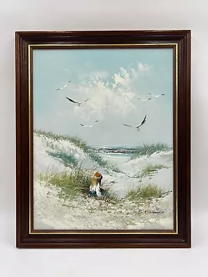 Vintage Framed Oil Painting On Canvas Beach Ocean Little Girl Seagulls SIGNED • $124