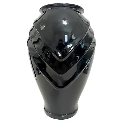 1980s Large 16  Black Wave Glass Floor Vase Post Modern Art Deco Haeger Style • $65