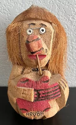 Hand Carved Wooden Coconut Standing Body Head Aruba Red Guitar Maraca Coin Bank • $27.99