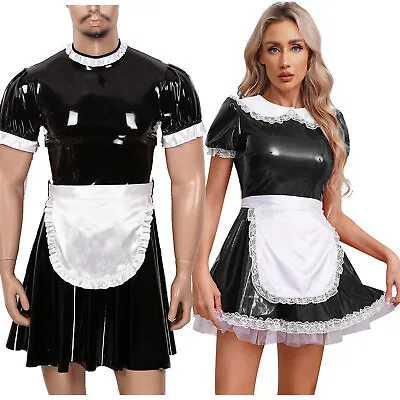 US Mens Women Wetlook Leather French Maid Fancy Costume Cosplay Uniform Outfits • $12.08