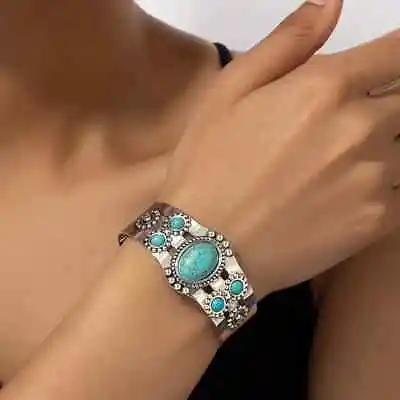 Boho 925 Sterling Silver Vintage Turquoise Tibetan Tibet Bracelet Bangle Cuff • $15.74