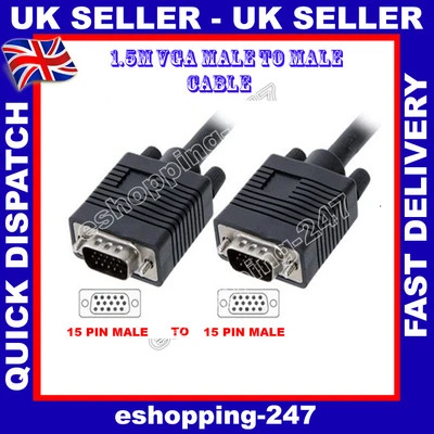 £2.94 • Buy New 1.5M VGA MALE To Male Monitor Computer Laptop TV PC LCD TFT 15 PINS Cable