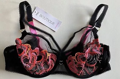 Bnwt M&s Boutique Black Bright Heart Non Padded Minimiser Bra 32g - 40dd • £10