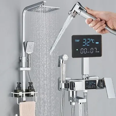 Chrome Exposed Shower Mixer Twin Head Largre Bar Set Bathroom Square Valve Taps • £96.99