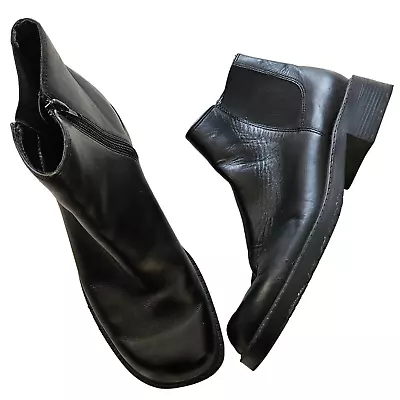 Vintage Black Leather 90s Short Ankle Chelsea Boots Booties Zipper Size 9 • $42