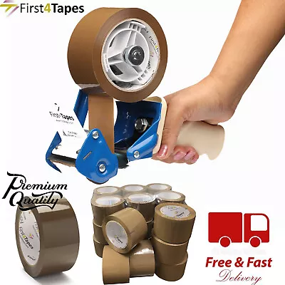 50mm TAPE GUN DISPENSER + STRONG 5x BROWN BUFF PACKAGING PARCEL BOX SEALING TAPE • £4.79