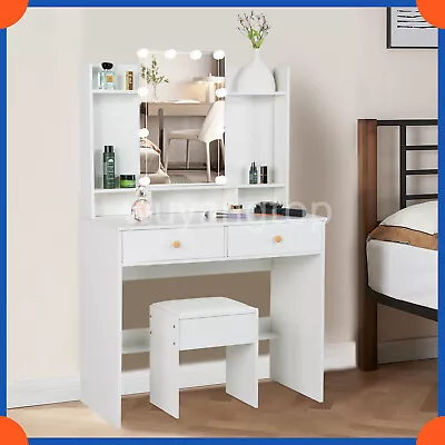 Vanity Makeup Table Dressing Desk Set LED Lighted Mirror With 2 Drawers Stool US • $156.86