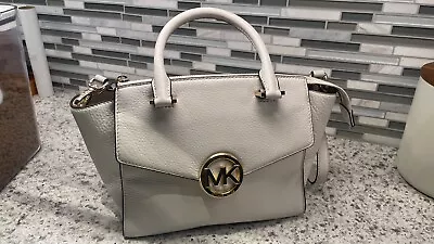 Michael Kors Hudson Vanilla White Leather Satchel Handbag Crossbody Bag Gold • $125