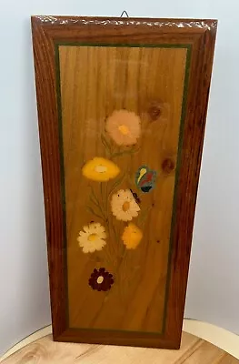 Vintage Inlaid Floral Wooden Butterfly Single Panel Marquetry Wall Hanging • $41