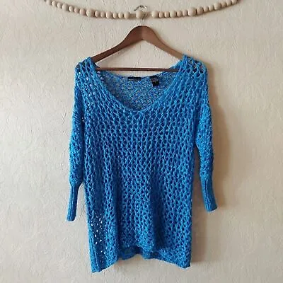 Moda International Top Y2K Netted Crochet Metallic Blue Sz Small • $7.99