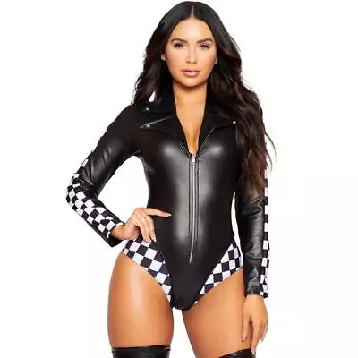 Biker Gal Costume Wet Look Bodysuit Studded Collar Checkered Trim Zipper 5006 • $59.49