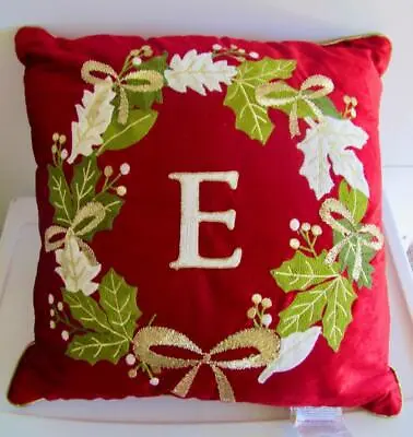 Red Velvet Holly Embroidered Monogramed “E” Christmas Pillow #11-xm • $8
