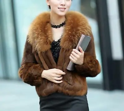 Women Fur Coat Real Fox Fur Coat Long Sleeve Jacket Mink Fur Collar Fur Clothing • $179.32