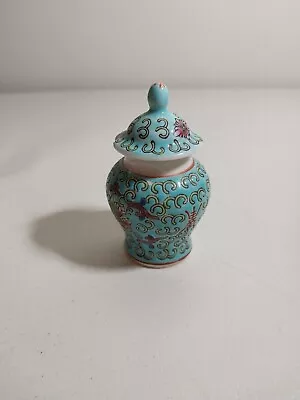 Vintage Chinese Ginger Jar Teal Blue Pink Flower Mini With Lid Urn 3  • $8