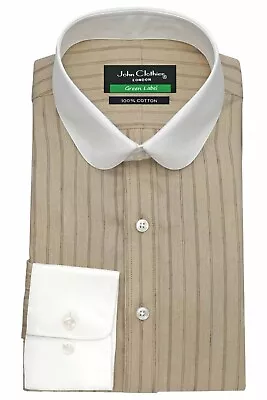 Penny Round Vintage Collar Brown Stripes Retro Dress Shirt Men's 100% Cotton New • $29