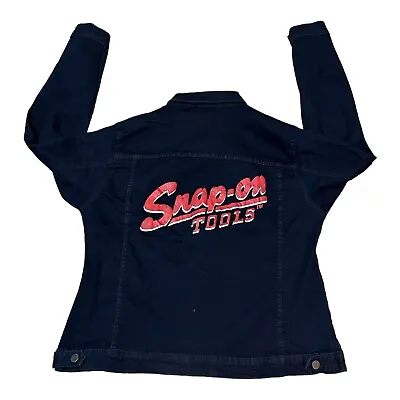 Rare SNAP ON TOOLS Jean Jacket Women XXL Blue Stretch Spell Out Button Trucker • $102.79