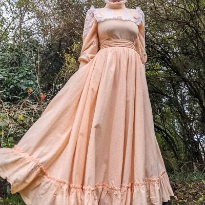 Vintage 1970s Laura Ashley Peach Prairie Victoriana Maxi Dress With Belt. Size 8 • £185