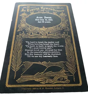 Antique Victorian Mourning Remembrance Card Funeral Death 1900s Black Gold Foil • $29.89