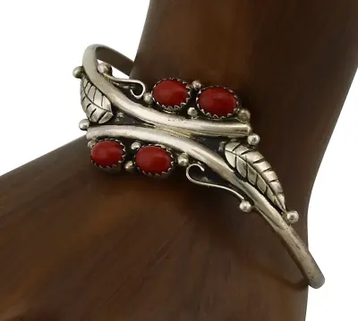 Navajo Bracelet 925 Silver Natural Red Coral Artist Signed MA WYLIE C.80's • $290