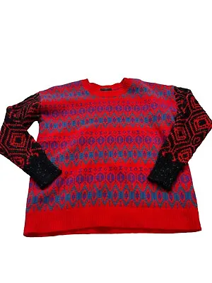 J Crew Lambs Wool Chunky Fair Isle Sweater Red Multicolored Holiday Small • $22.95