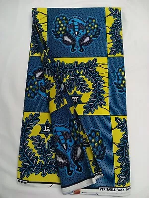 TURQUOISE BLUE YELLOW 100% Cotton African Hollandais  African Wax Print Fabric 6 • $55