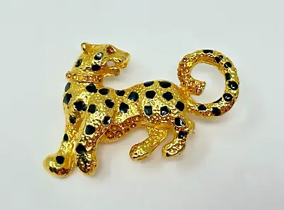 Beautiful Vintage Goldtone Rhinestone Black Enamel Leopard Cat Brooch Pin • $19.99