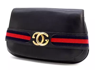 Gucci Vintage Bag Clutch Handbag Sherry GG Interlocking Leather Navy Authentic • $486.99