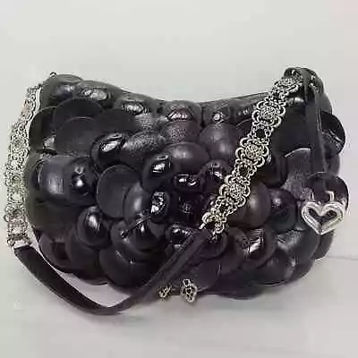 Vintage Brighton Rosalie Black Leather Floral Handbag Purse Silver Ornate Strap • $40