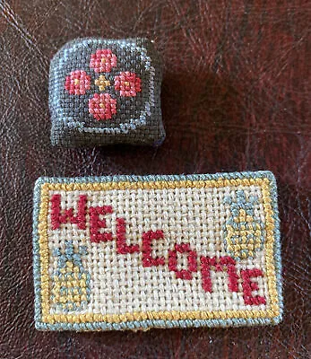 VNTG Handmade Dollhouse Miniature Needlepoint Cross-stitch Pillow & Welcome Rug • $26