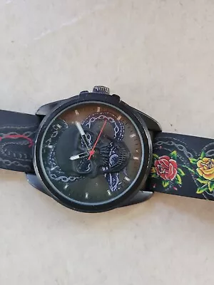 Ed Hardy Men’s Skullface Watch Floral Strap Black Leather • $25