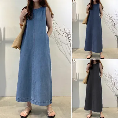 Summer Women Crewneck Long Vest Dress Casual Loose Denim Jeans Dresses Plus Size • £18.99