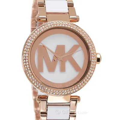 $98.82 • Buy MICHAEL KORS Parker Womens Crystals Watch, MK Logo Dial, Rose Gold White Acrylic