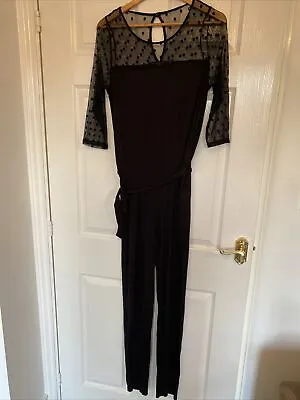 Dorothy Perkins Jumpsuit Black Stretch Jersey With  Mesh Polka Dot Size 10 • £3.99
