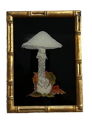 Vintage Tinsel FOIL Painting  Art 1970s Mushroom Gold Bamboo Frame 7.5” X 5.5” • $25