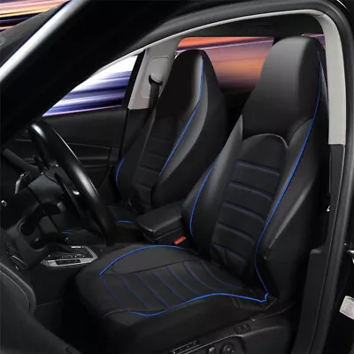 2Pcs Universal Car Bucket Seat Cover Protector Black PU Leather With Blue Thread • $41.89