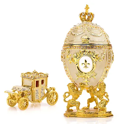 Royal Imperial Beige / Cream Faberge Egg Replica Large 6.6  + Carriage By Vtry • $69.95