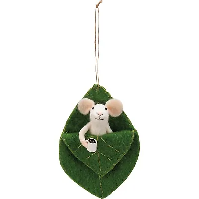 Primitives By Kathy Felt Mouse In Leaf Bed With Coffee Cup Critter Ornament Gift • $13.95