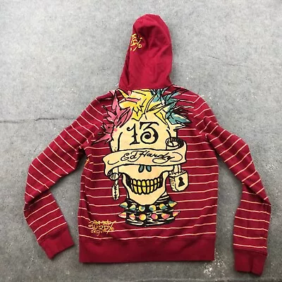 Ed Hardy Hoodie Womens Medium Red Striped Full Zip Embellished Crystal Skull Y2K • $98.98