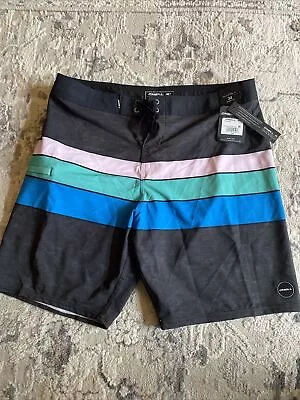 Oneill Hyperfreak Heist Line Boardshorts Shorts Black Striped Aqua Men's Size 34 • $20