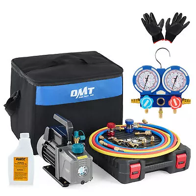 OMT Vacuum Pump & Manifold Gauge Set For R404 R22 R410 R134 Auto AC 1/4HP 3.5cfm • $71.43