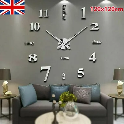 Large DIY 3D Frameless Number Wall Clock Mirror Sticker Home Office Room Decor • £10.98