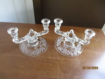 Pair Vintage Fostoria 2 Lite Candle Holder Stick 5  X 7  Etched Floral • $9.99